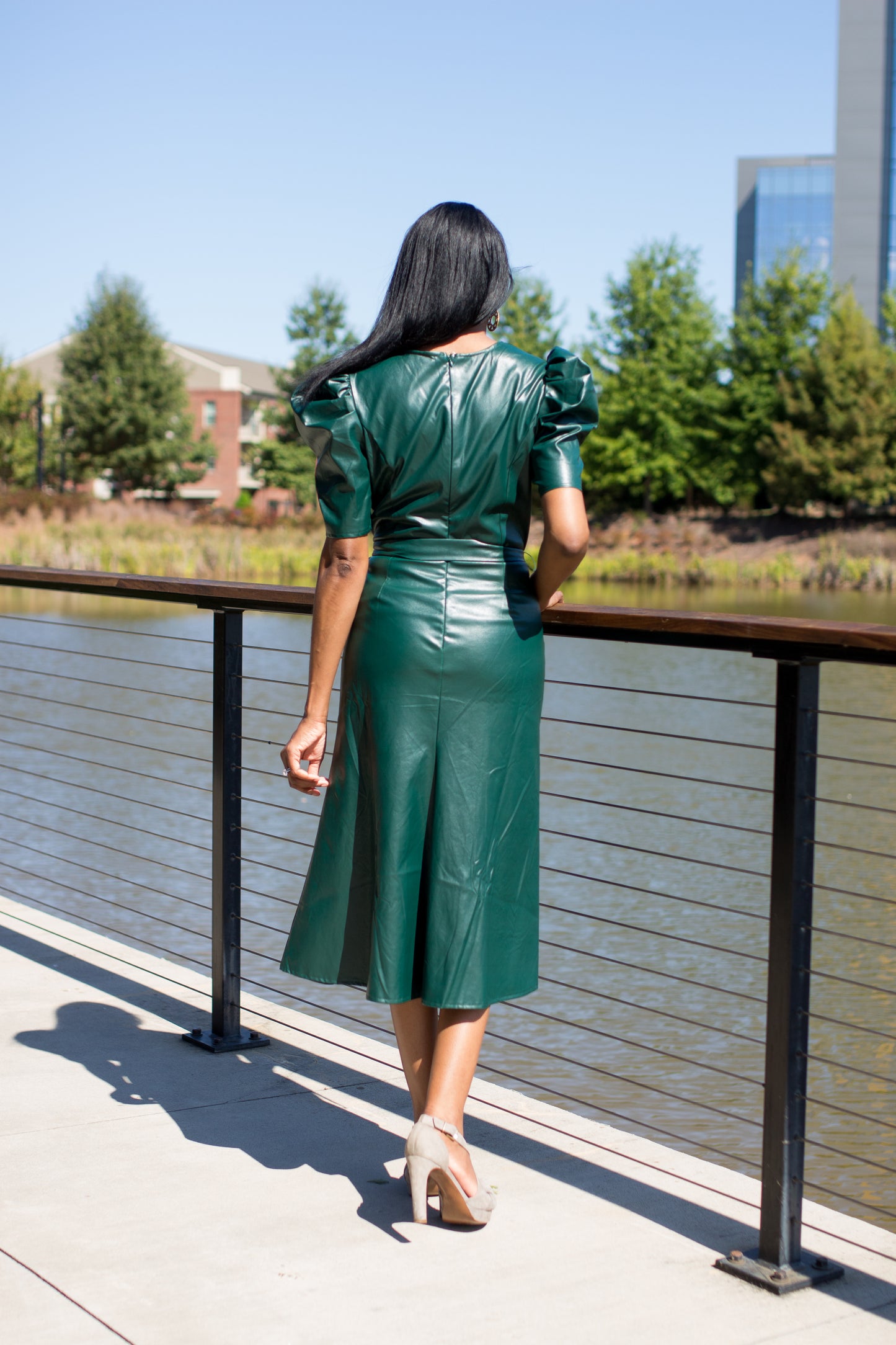 Brittny Teal Faux-Leather Midi Dress