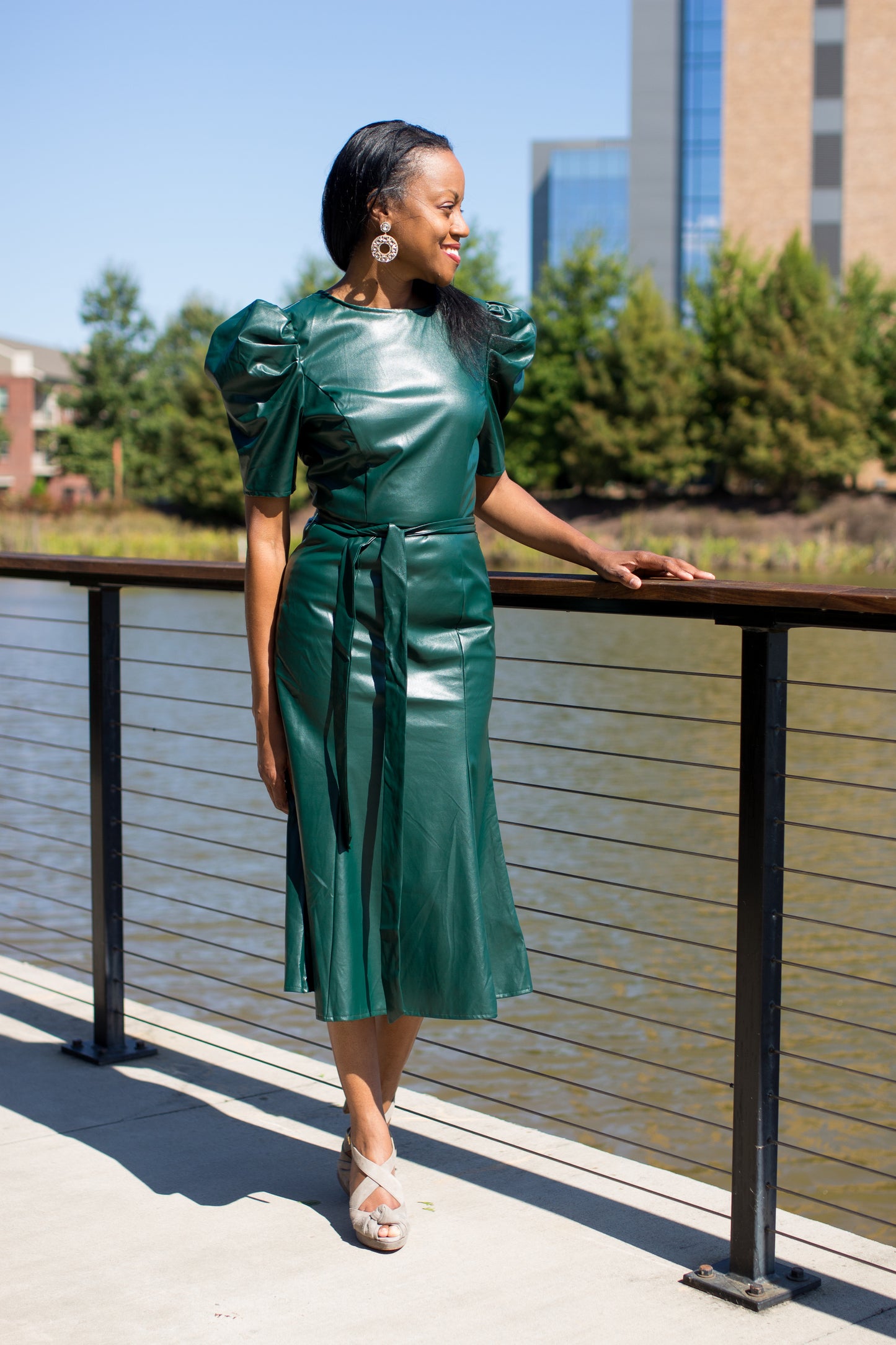 Brittny Teal Faux-Leather Midi Dress