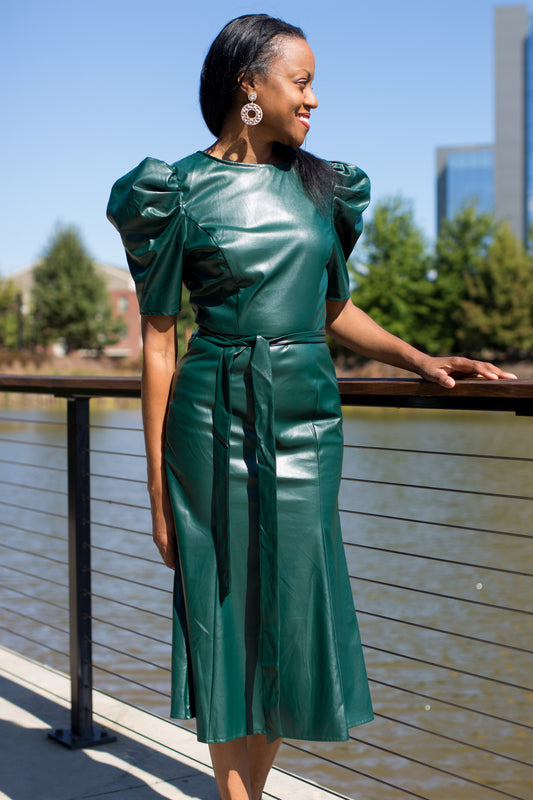 Brittny Teal Faux-Leather Midi Dress